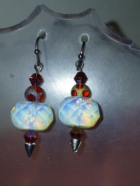 Hand Crafted Opalescent White and Red Crystal Drop Earrings